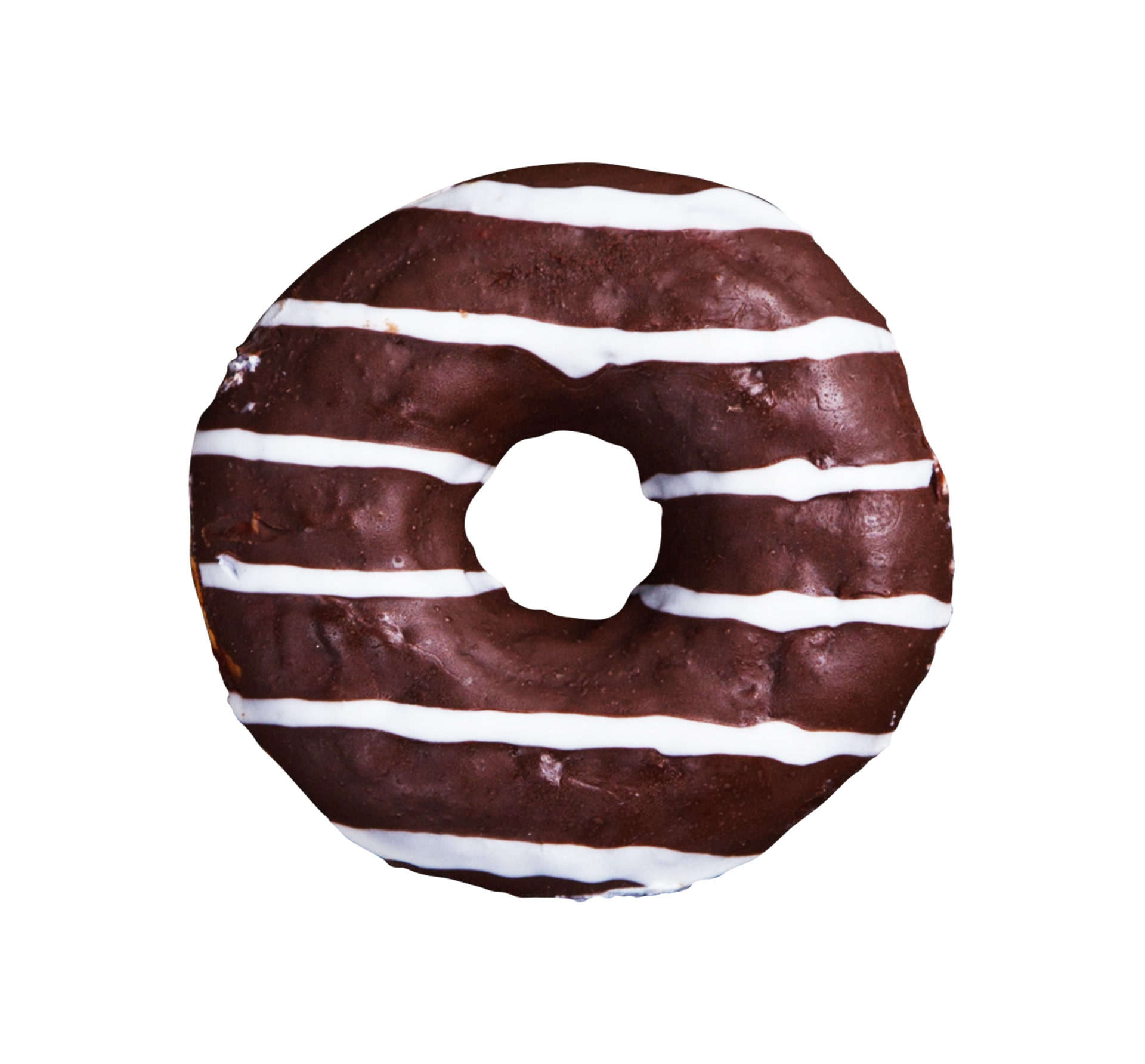 Chocolate glazed donut with white strips on transparent background