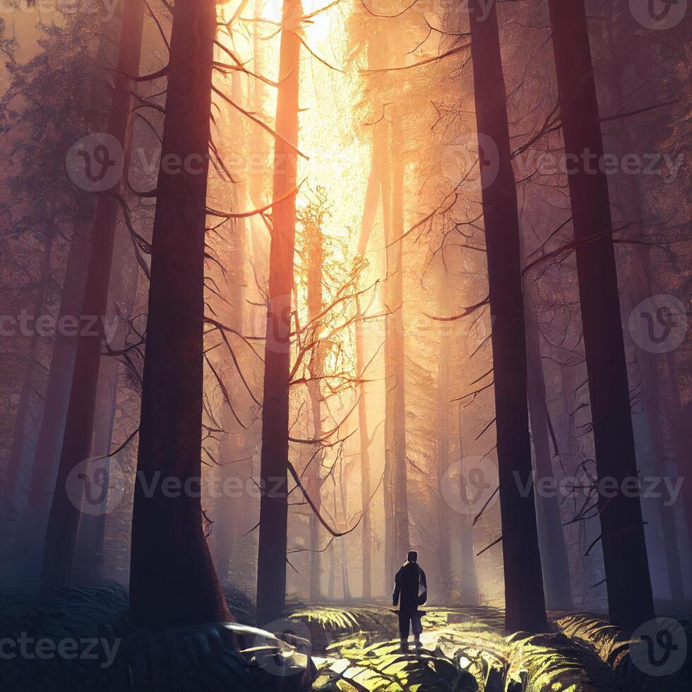 persona en pie en el medio de un bosque. generativo ai. foto