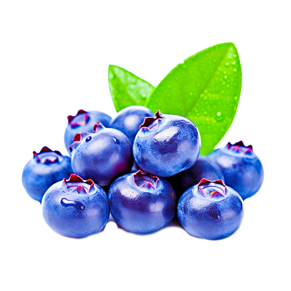Juicy and fresh blueberries with green leaves on transparent background png