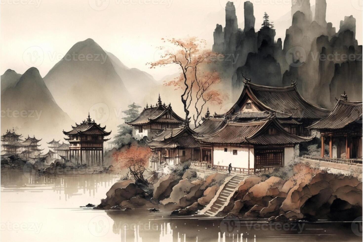painting of a chinese village by a body of water. . photo