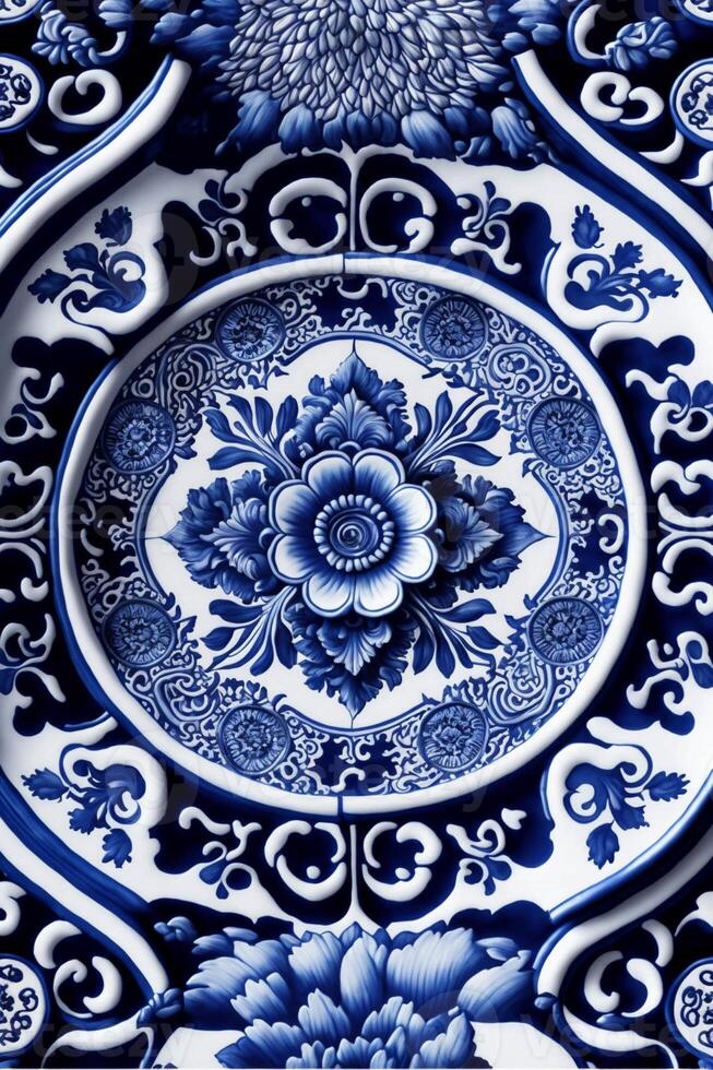 blue and white plate sitting on top of a table. . photo