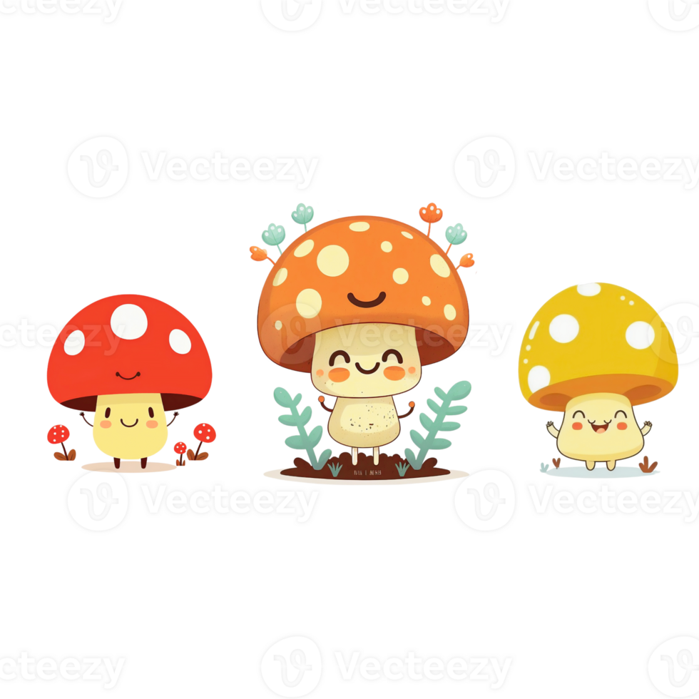 Set of Cute Mushroom Character Illustration on White Background, Cartoon Character, png