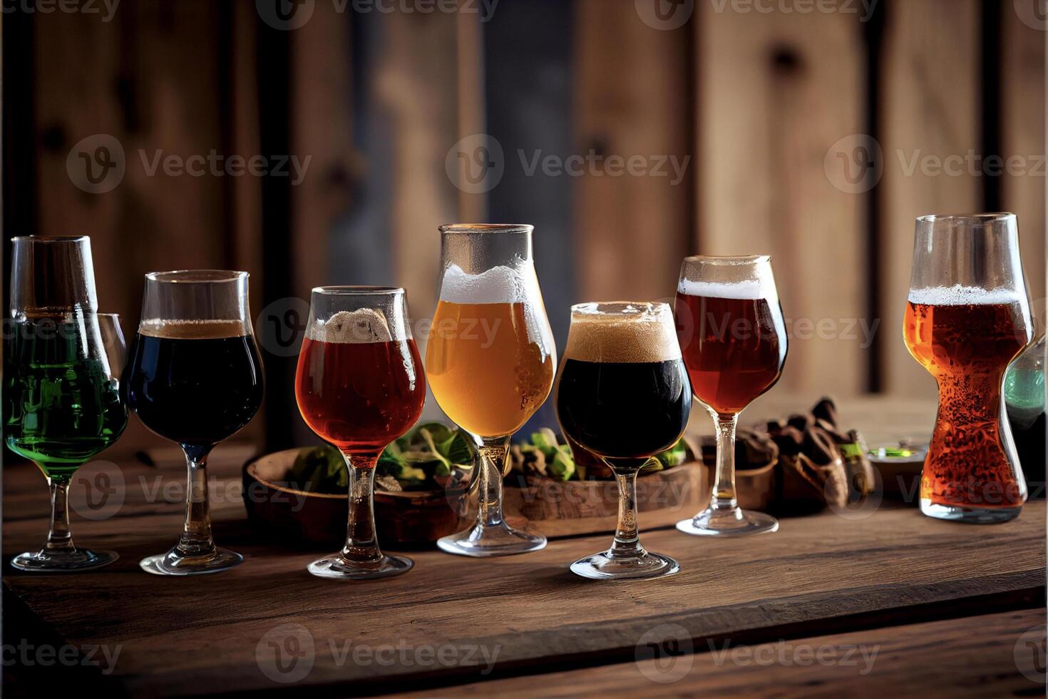 row of beer glasses sitting on top of a wooden table. . photo