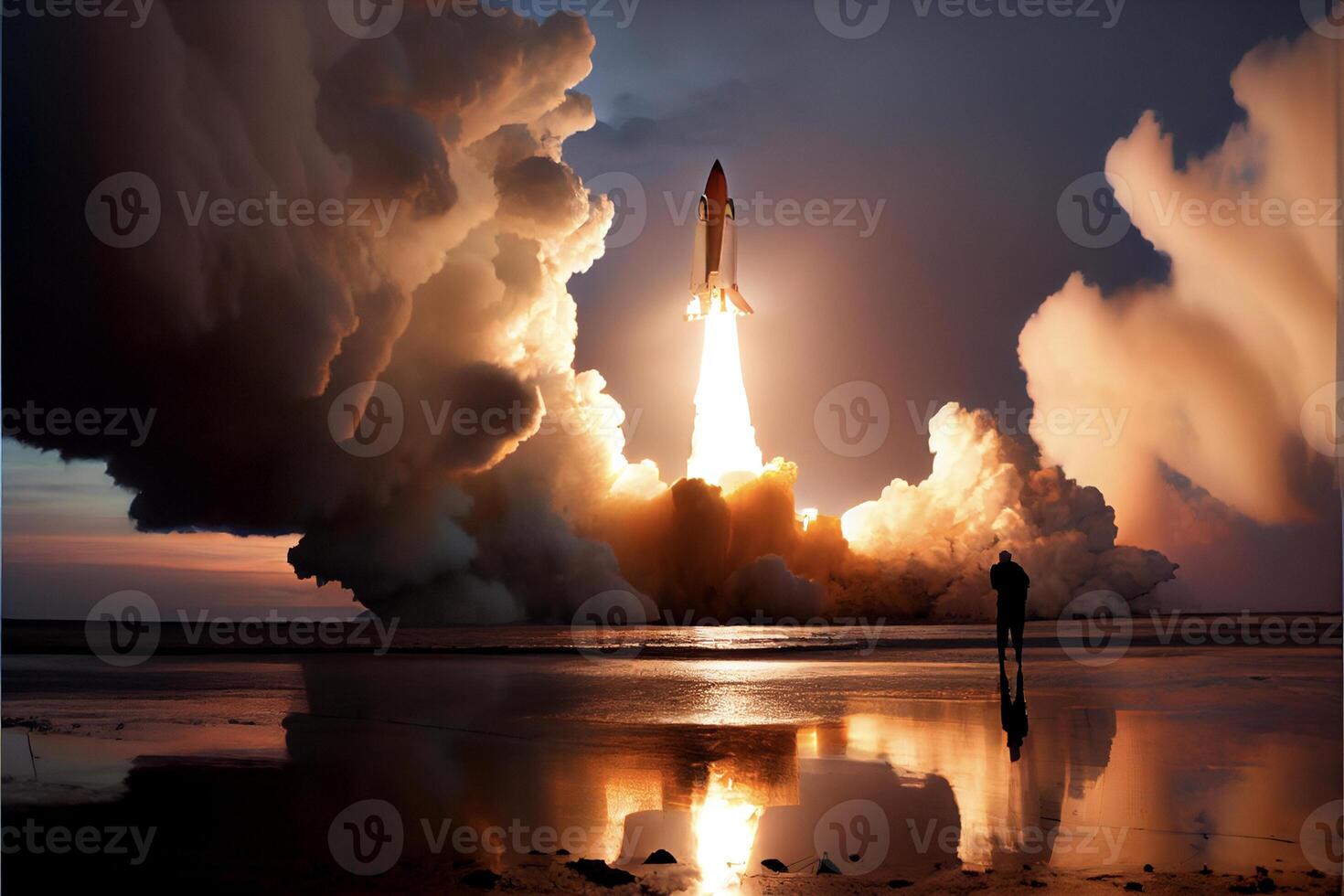 man standing on a beach looking at a space shuttle taking off. . photo