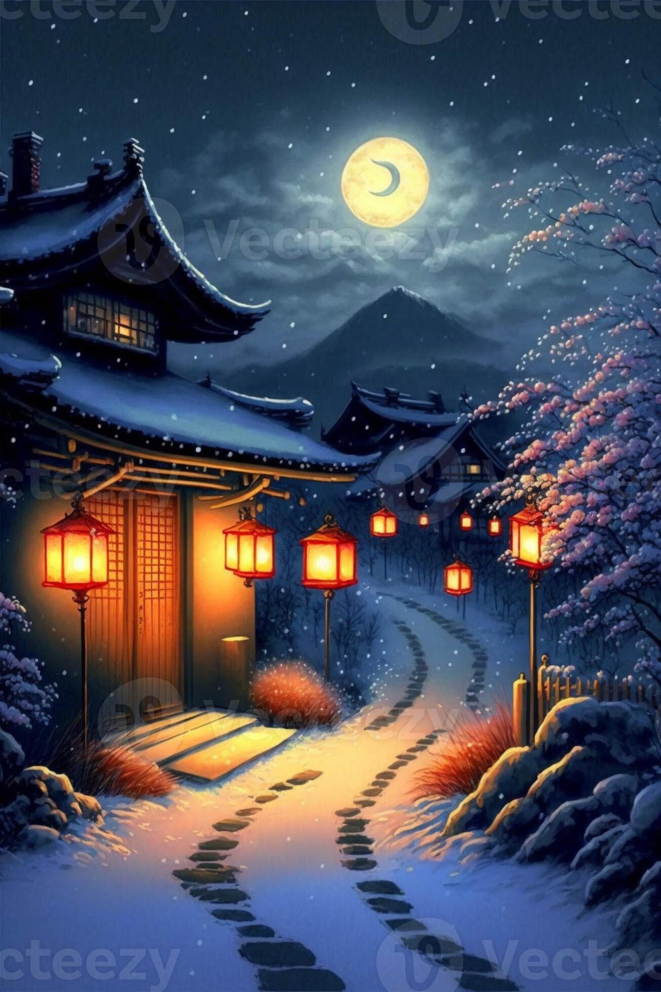 Chinese House Night Moon Scenery 4K Wallpaper iPhone HD Phone #8371m