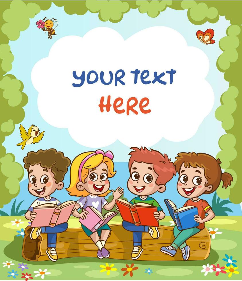 Happy kids read book and study together vector