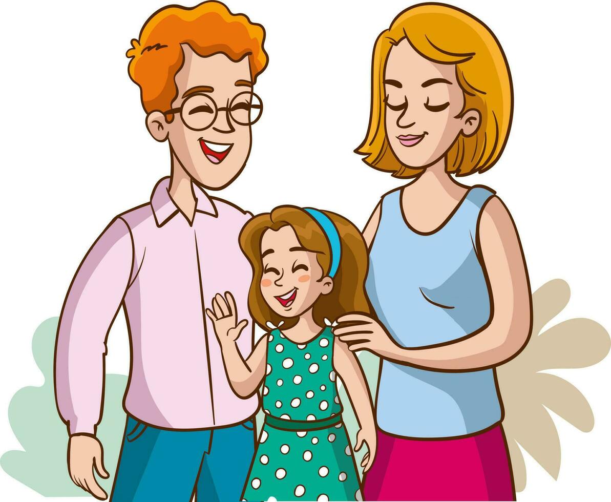 Happy family. Father, mother, kids. Parents are keeping on the hands of their children. Vector illustration in a flat style