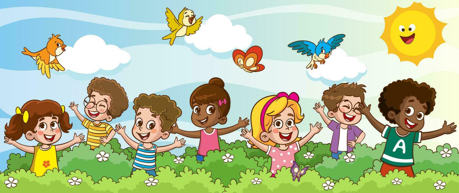 little kid play together with friend and feel happy vector