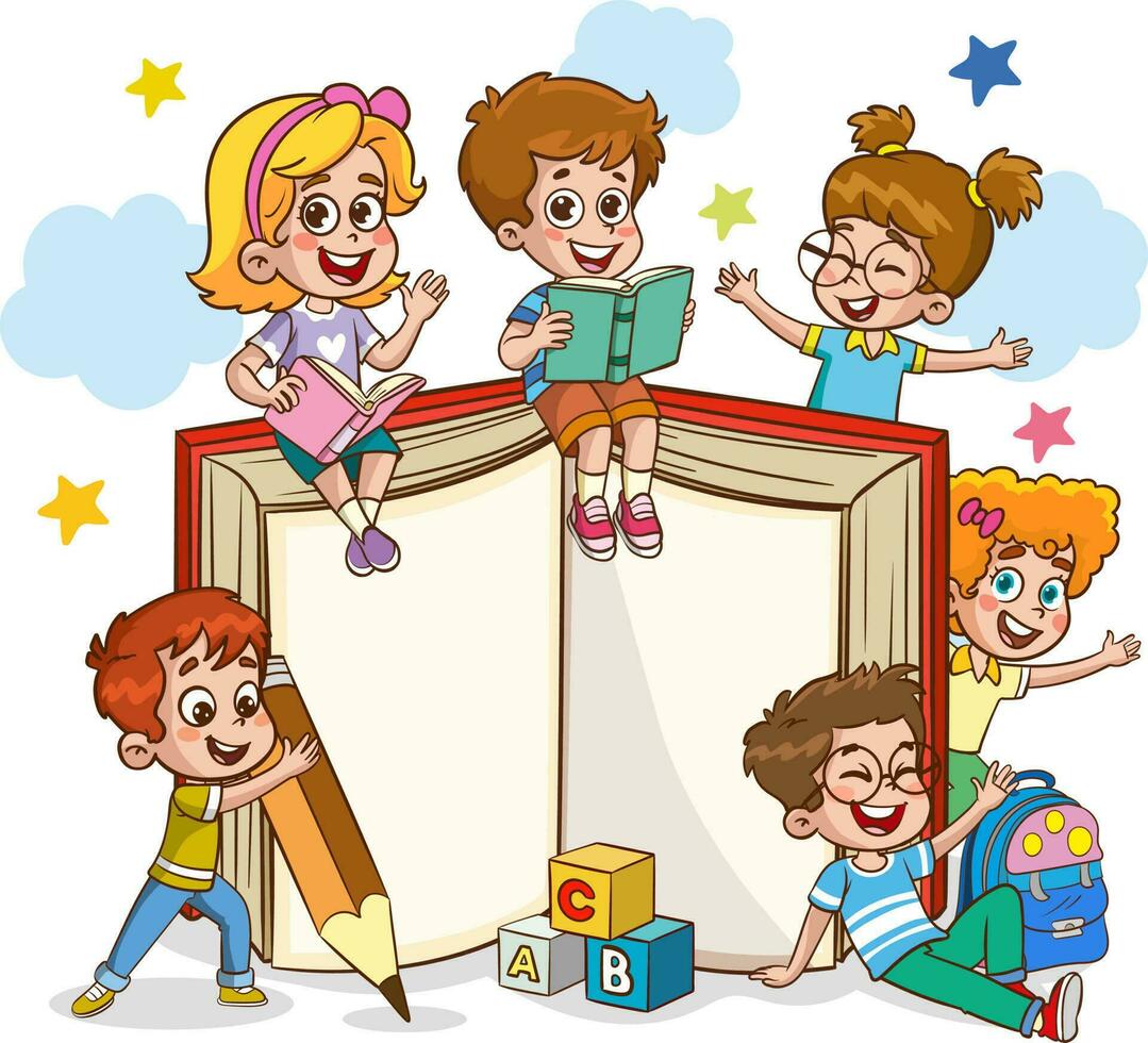 blanco Nota libro modelo con linda pequeño niños vector