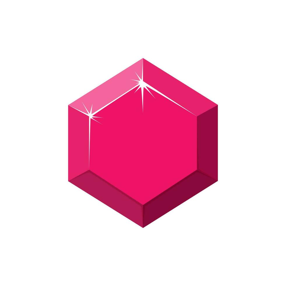 Hexagon red gemstone. Ruby top view. Cartoon vector illustration