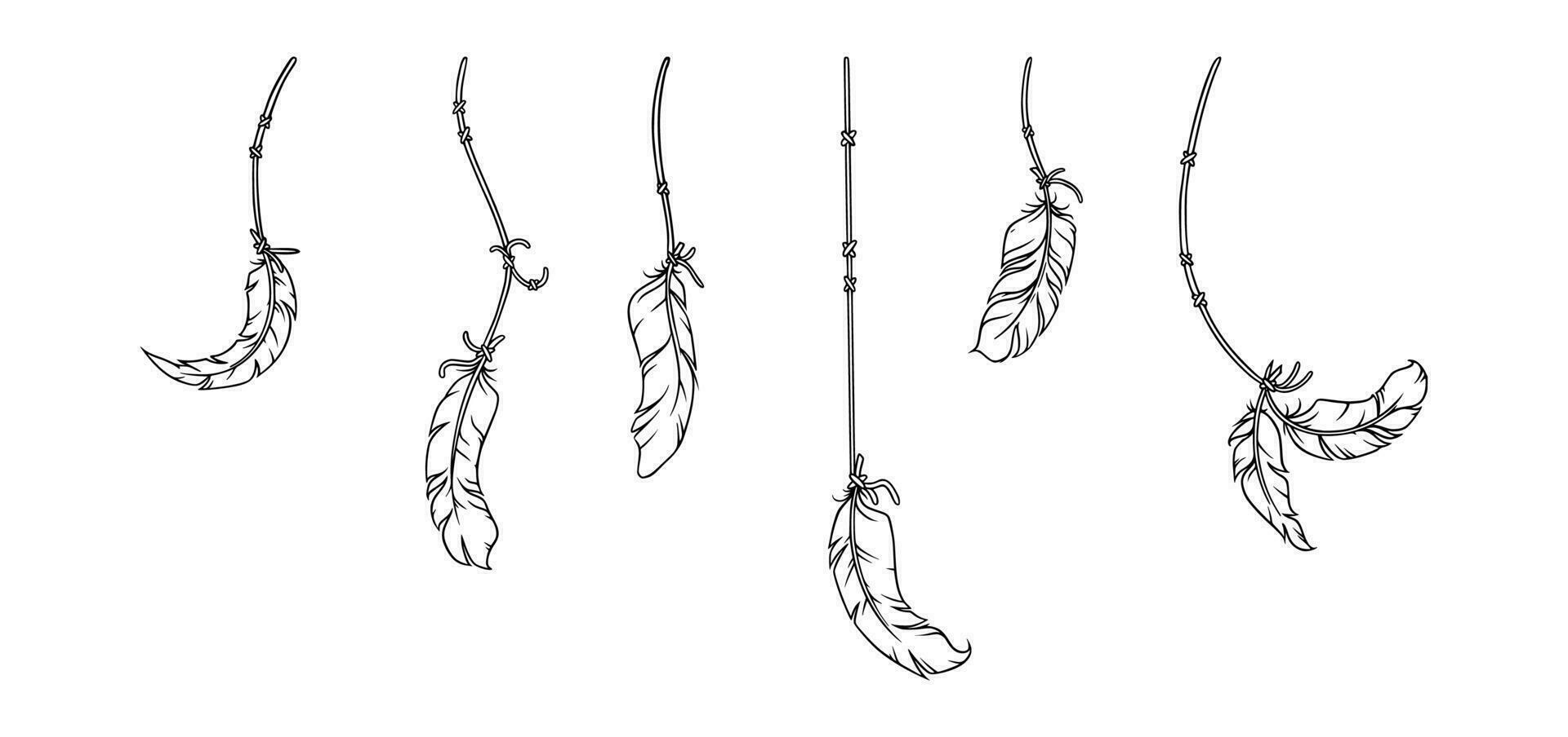 Dreamcatcher feather sketch. Native american decor with feathers and dream catchers. Vector illustration