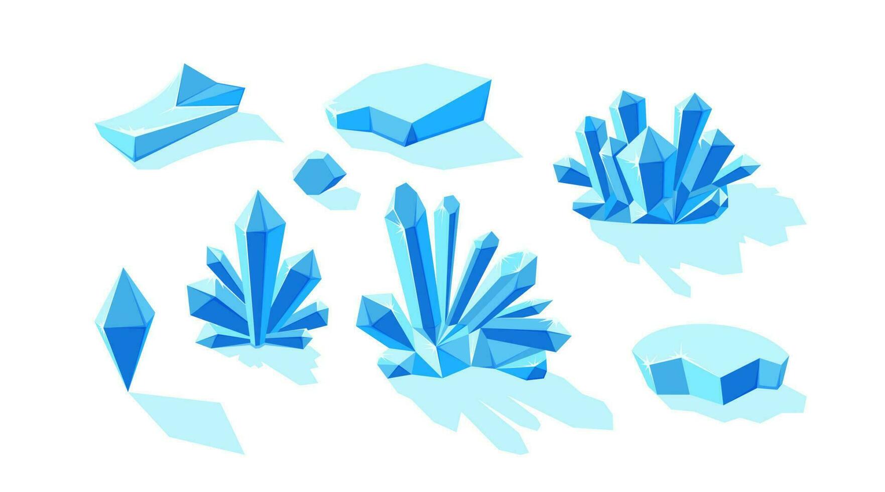 Ice crystals and icebergs isolated in white background. Set of druses and separate crystals made of blue mineral. Vector illustration