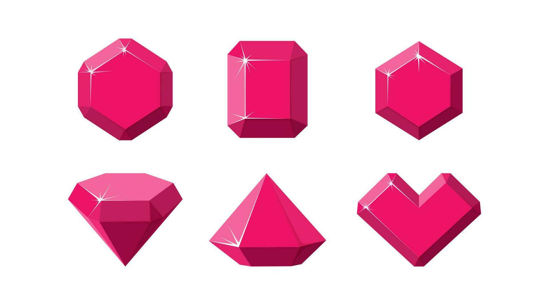 Ruby gemstones of different shapes. Red ruby crystals isolated in white background. Vector illustration