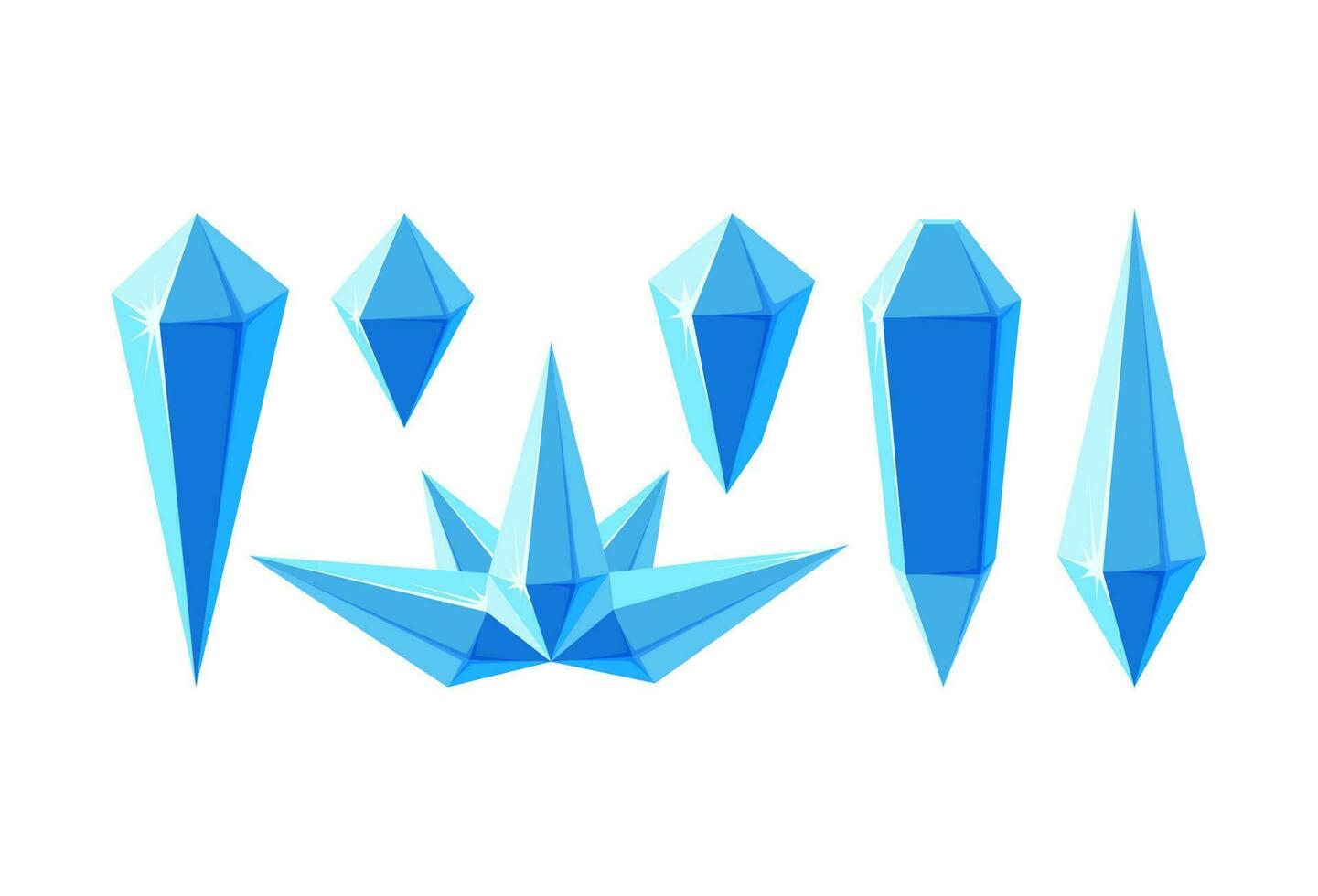 Ice crystal prisms and crown. Set of minerals or frozen pieces of ice for game design. Vector illustration