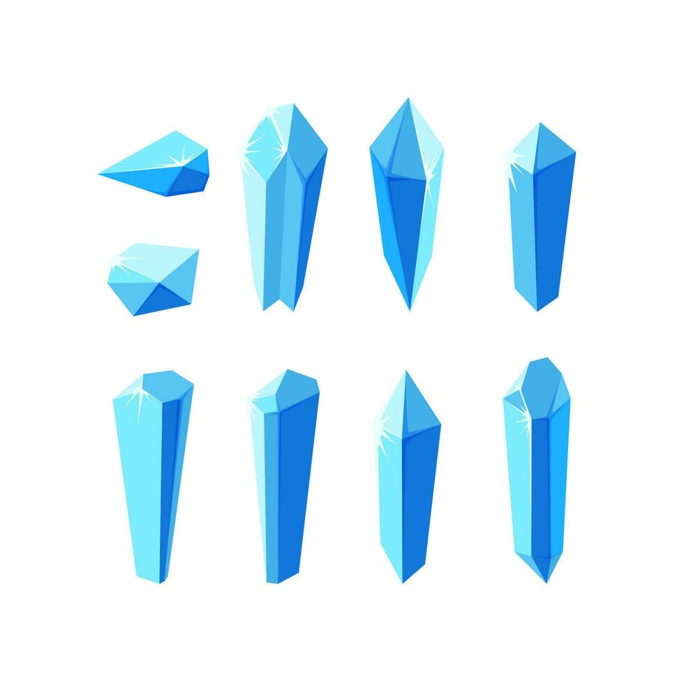 Ice crystals and minerals isolated in white background. Set of crystals and their pieces. Winter landscape elemets for game design. Vector illustration