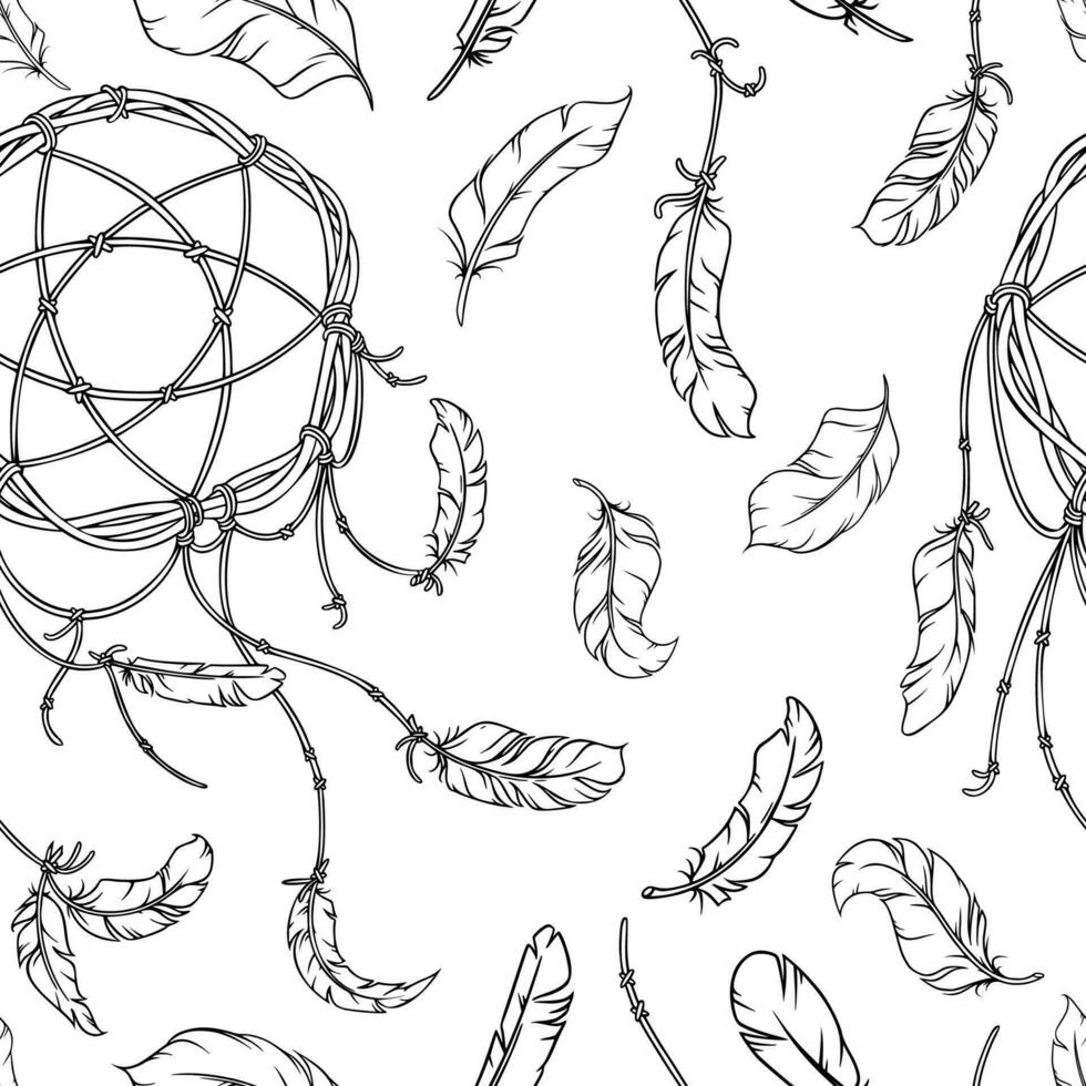 Dreamcatcher and feathers seamless pattern. Native american decor with feathers and dream catchers. Vector illustration