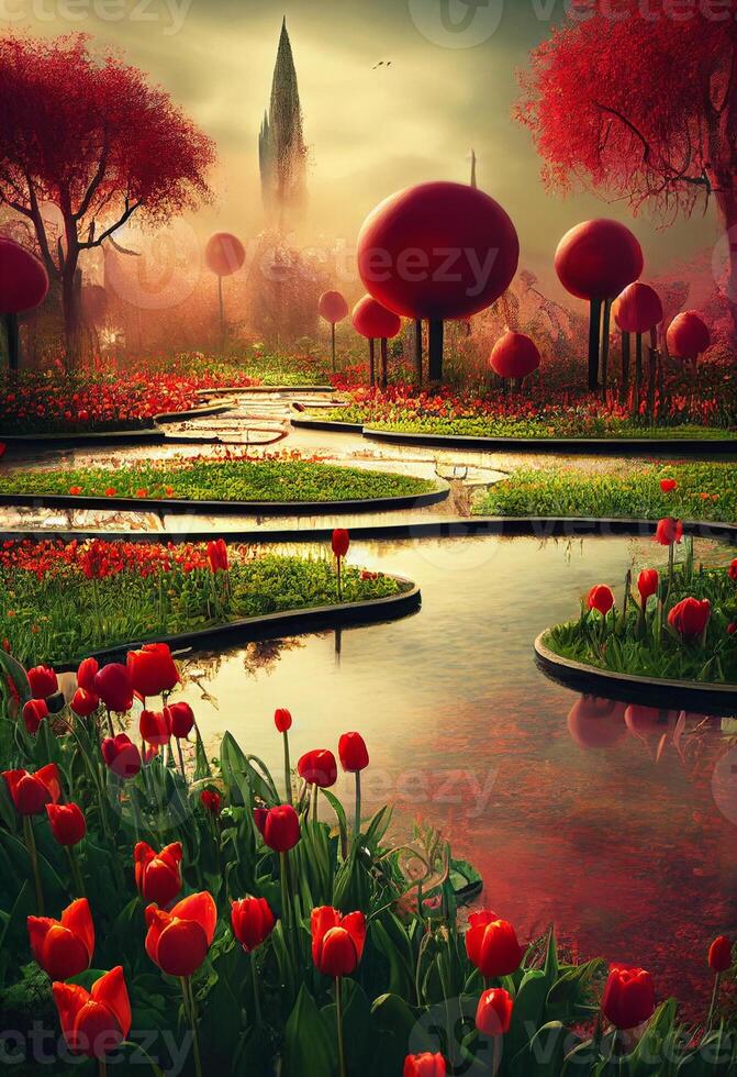 allí es un imagen de jardín con rojo flores y arboles generativo ai. foto
