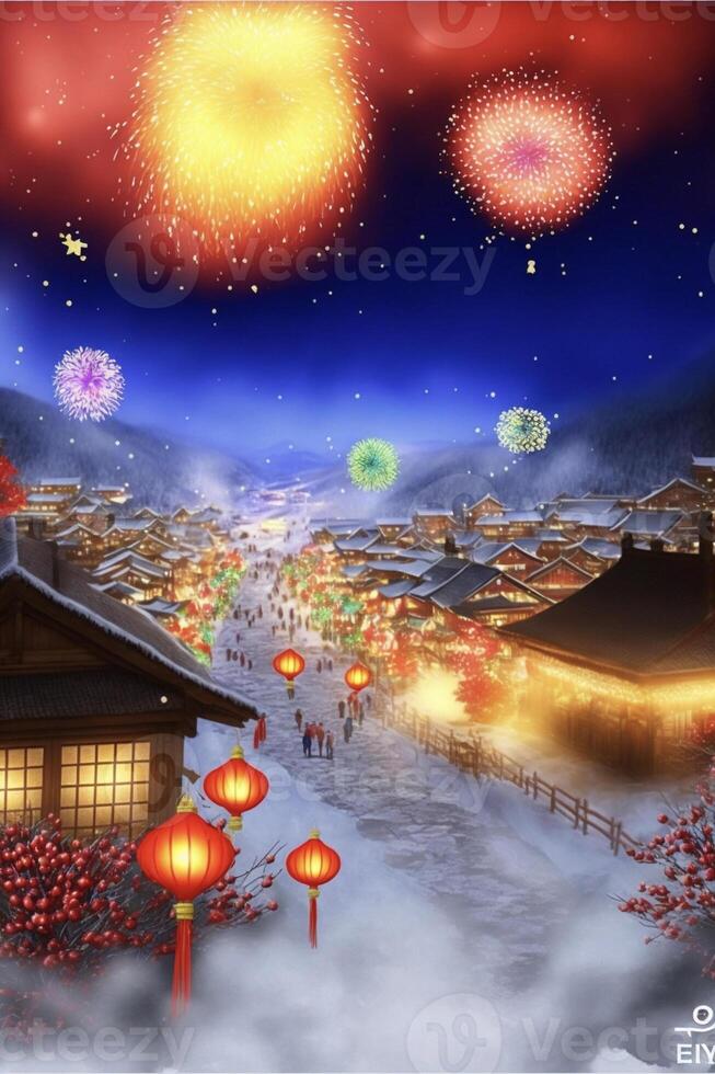 painting of a town with fireworks in the sky. . photo