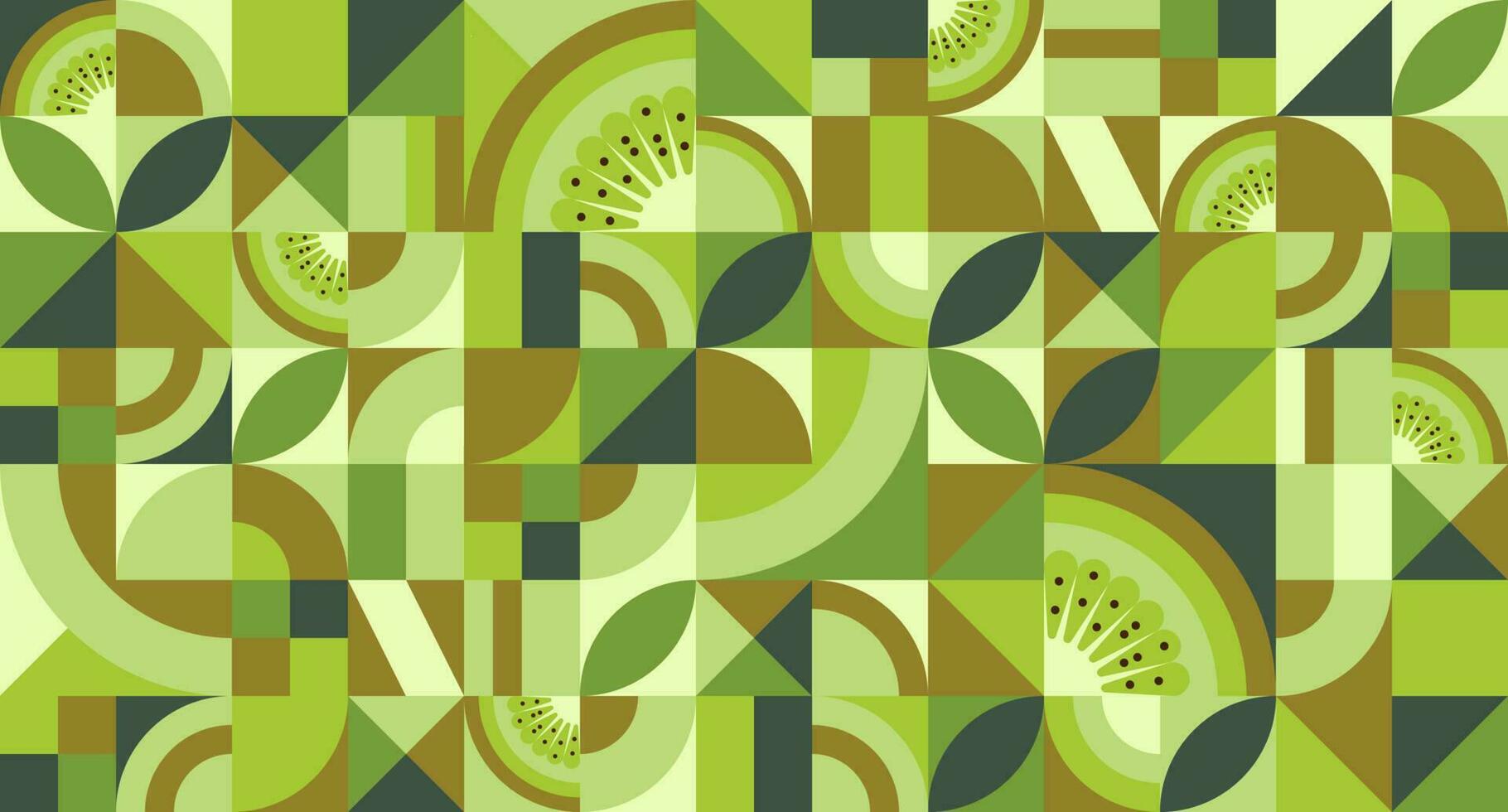 Abstract geometric background with kiwi fruit in Bauhaus style. Texture with simple repeating shapes, mosaic retro wallpaper. Seamless pattern. Vector illustration