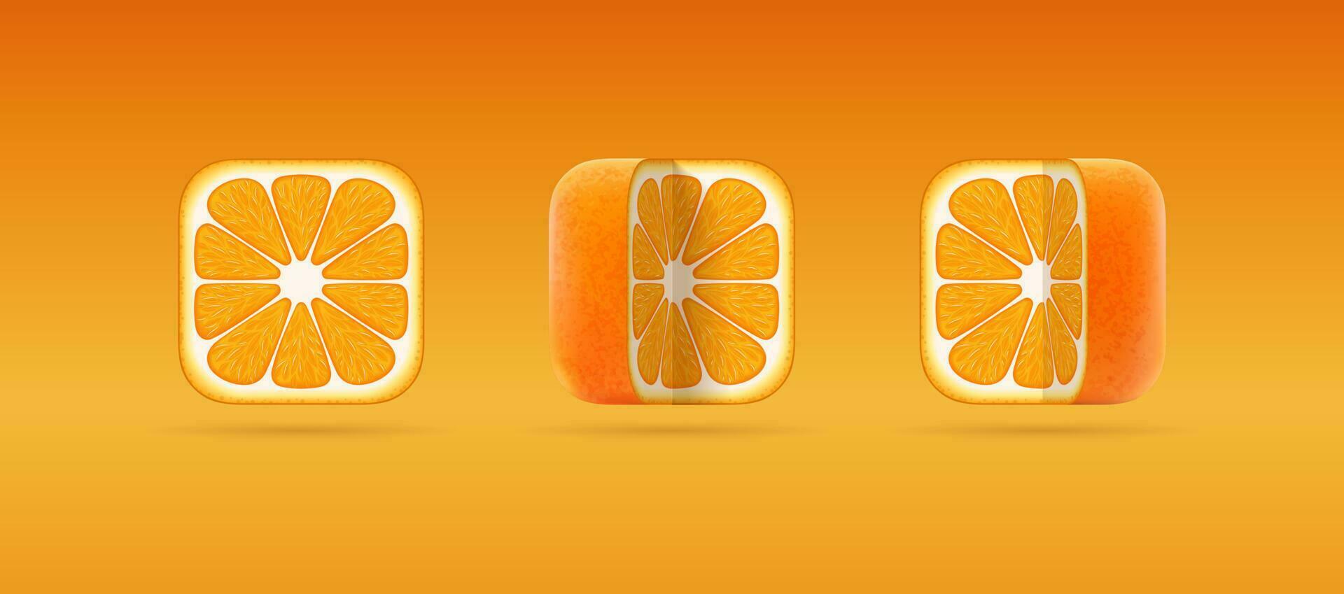 Set of isolated vector icons of square cut orange mandarin. 3D cartoon illustration of juicy ripe tangerine for citrus juice packaging, vegetarian eco natural food store, logo, mobile app