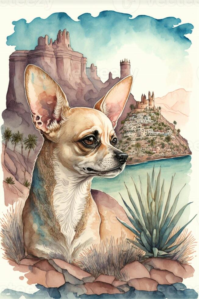 painting of a dog with a castle in the background. . 23859759 Stock