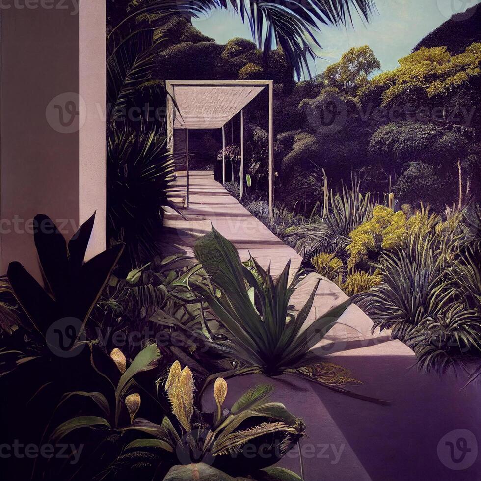 painting of a walkway surrounded by plants. . photo