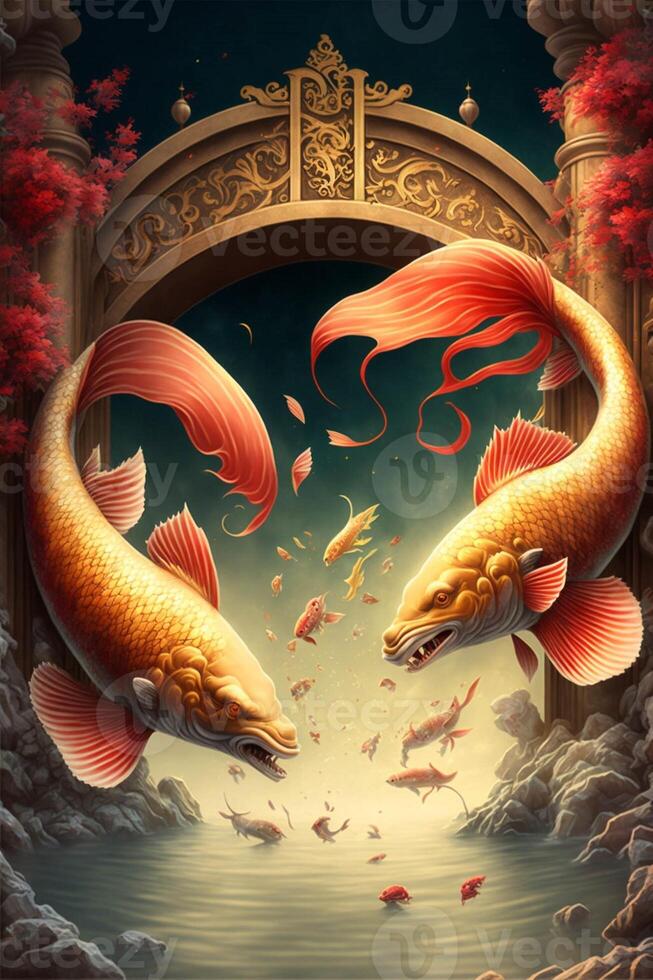 painting of two fish swimming in a body of water. . photo