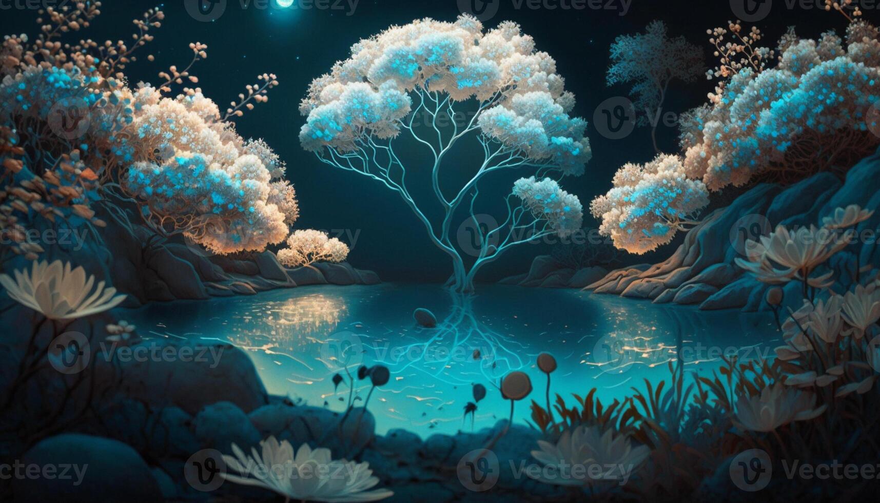 there is a painting of tree in the middle lake. . photo