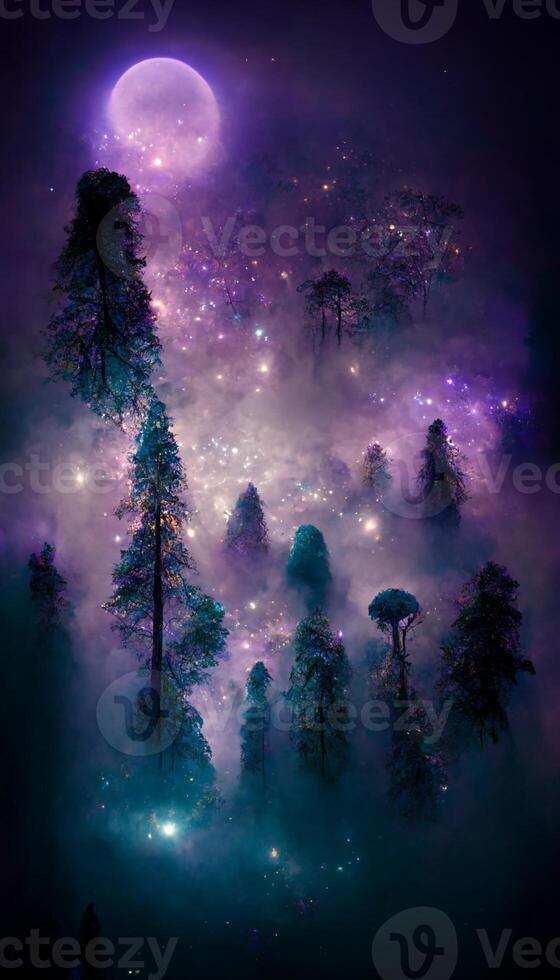 forest filled with lots of trees under a full moon. . photo