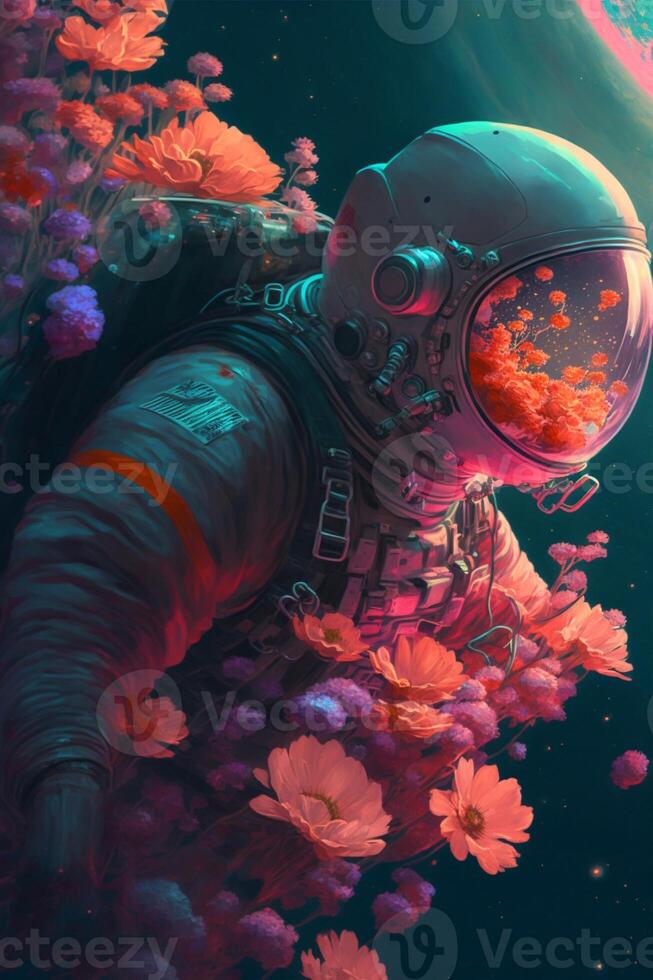 un astronauta flotante en un campo de flores generativo ai. foto