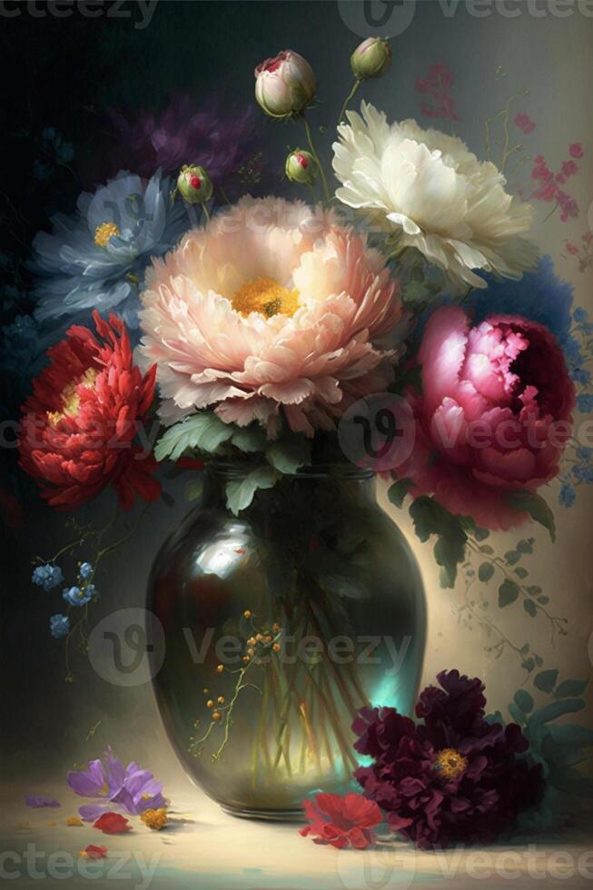 painting of flowers in a vase on a table. . photo