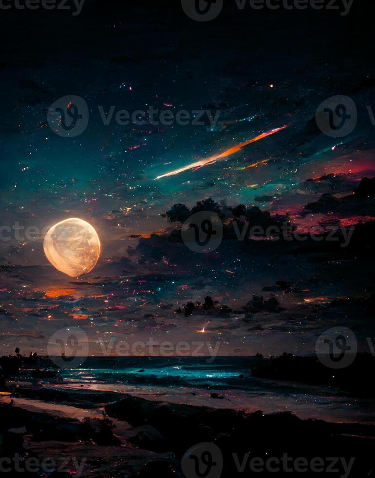 beach at night with a full moon in the sky. . photo