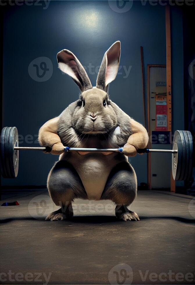 rabbit is lifting a barbell in a gym. . photo