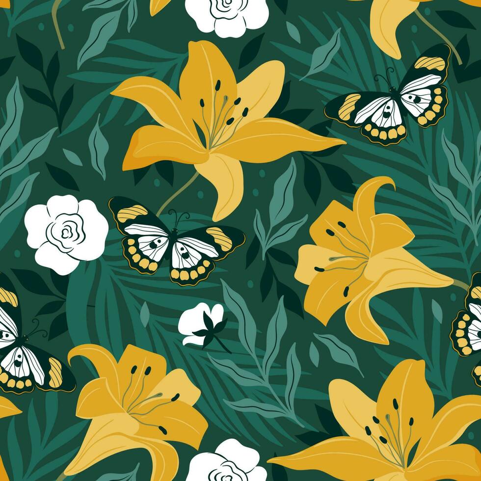 Seamless pattern with yellow lilies, leaves and butterflies. Vector graphics.