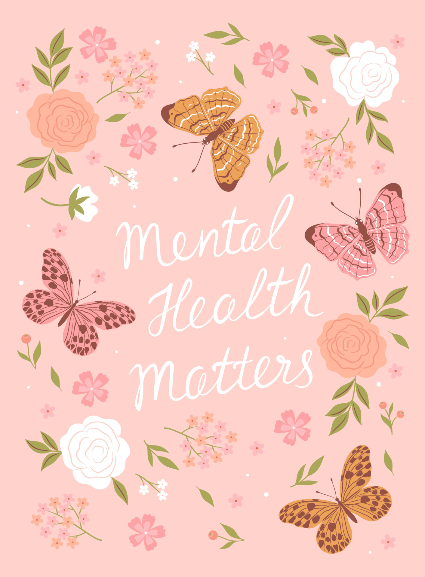 Mental health matters poster with butterflies and flowers vector