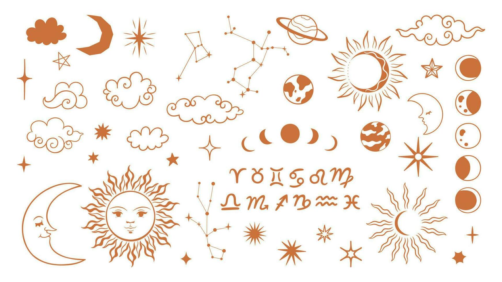 Set of celestial bodies, clouds, astrological symbols isolate on white background. Vector graphics.