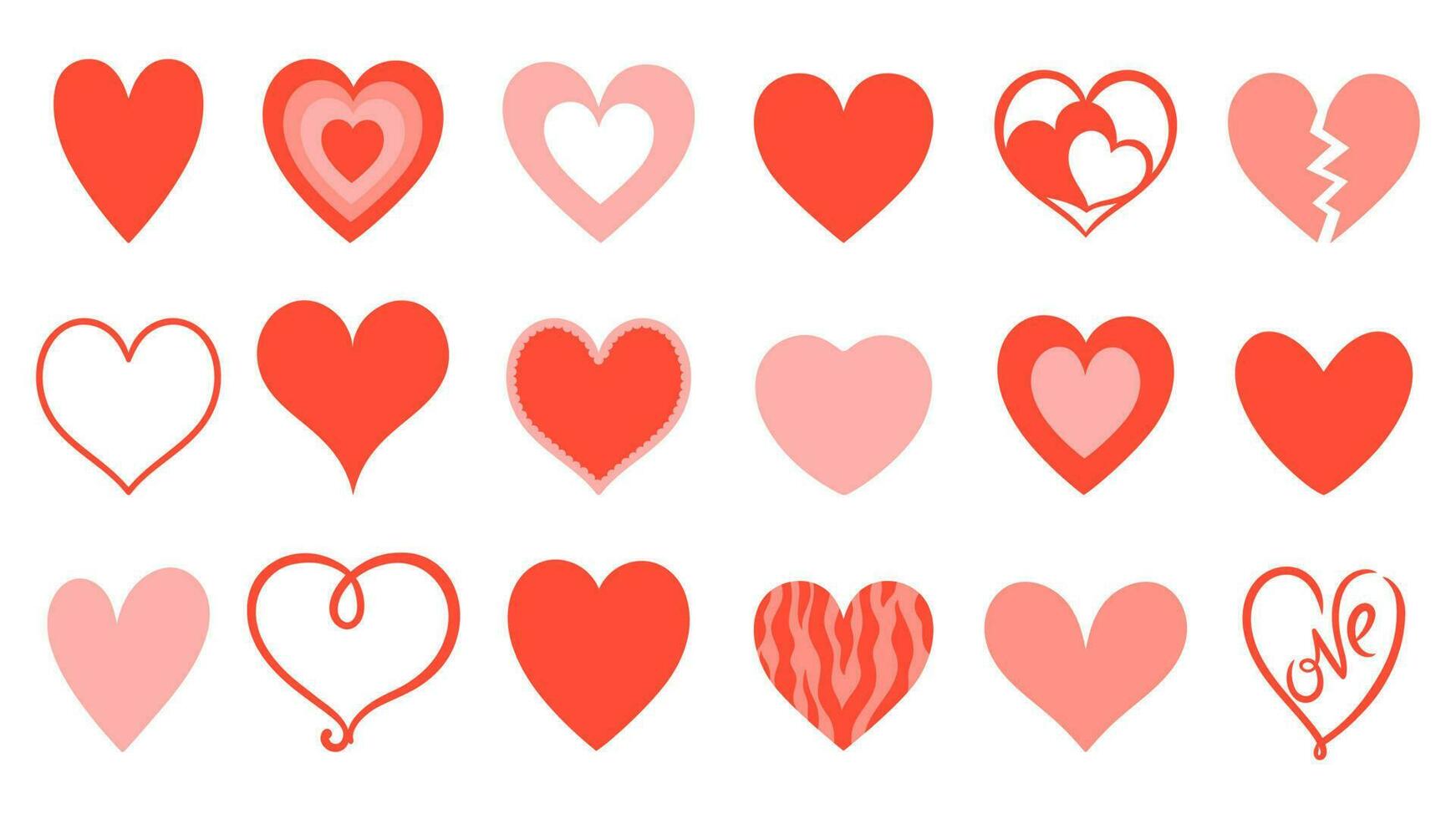 Set of hearts of different shapes isolated on white background. Vector graphics.