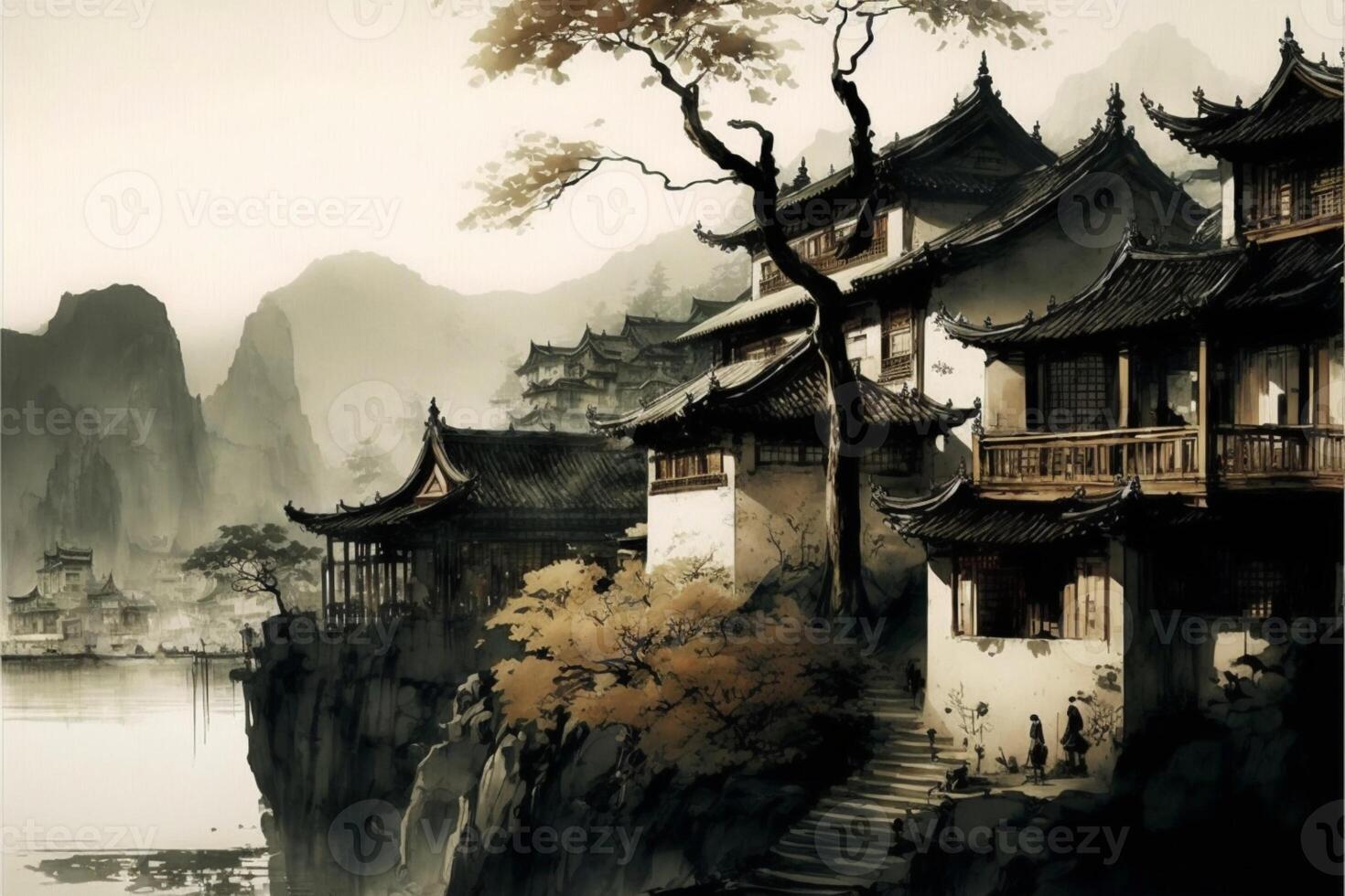 painting of a chinese village on a cliff. . photo