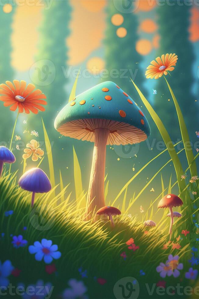 group of mushrooms sitting on top of a lush green field. . photo