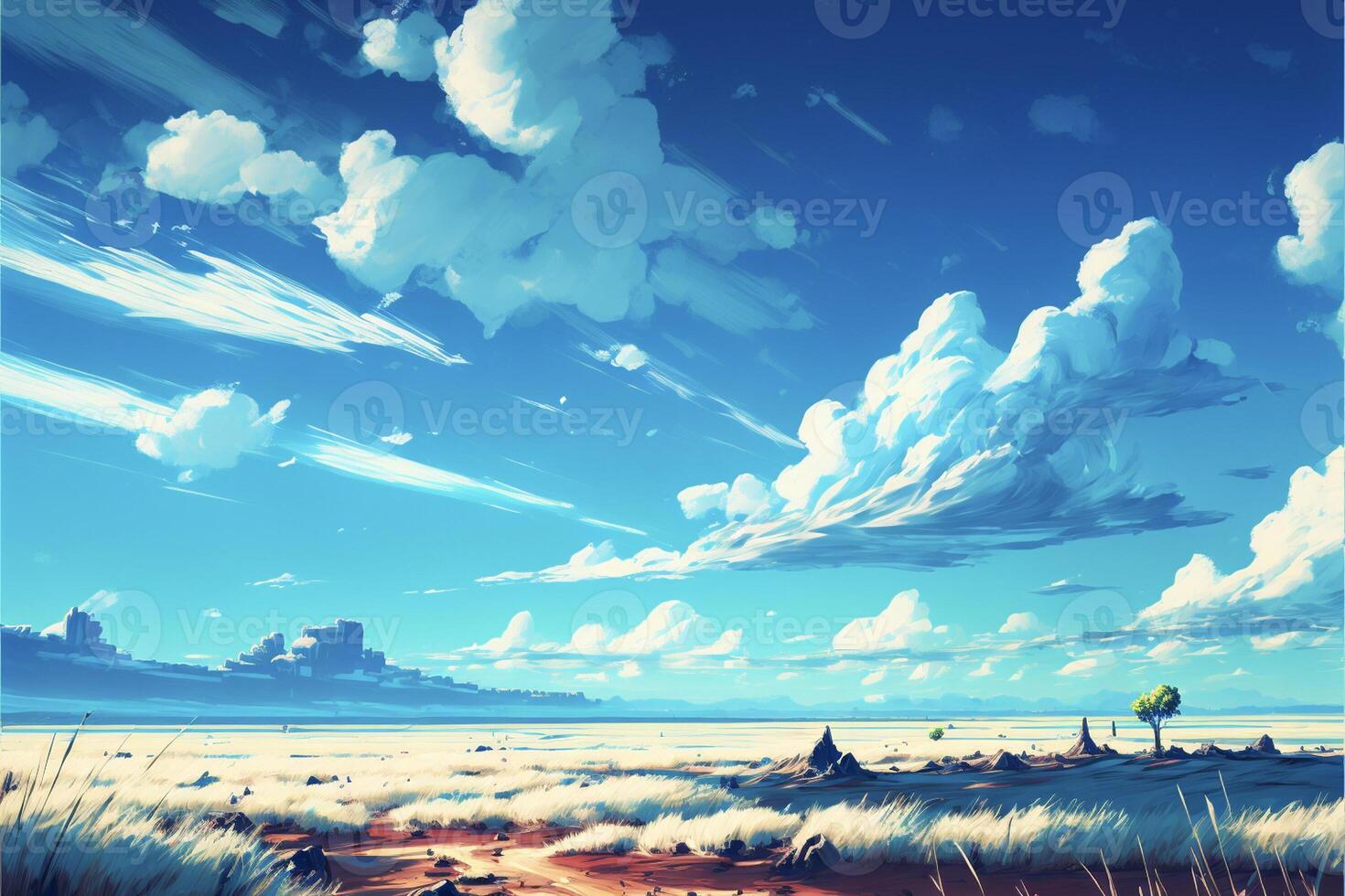 painting of a desert with clouds in the sky. . photo