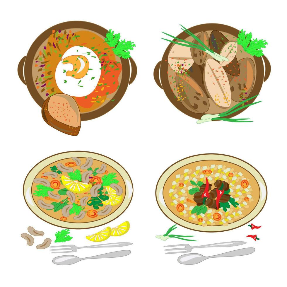 nacional cocina horneando menú platos desde vegetales y pescado restaurante cocina. un conjunto menú de delicioso platos de tradicional o nacional cocina en un plano dibujos animados dibujado a mano ilustración modelo. vector