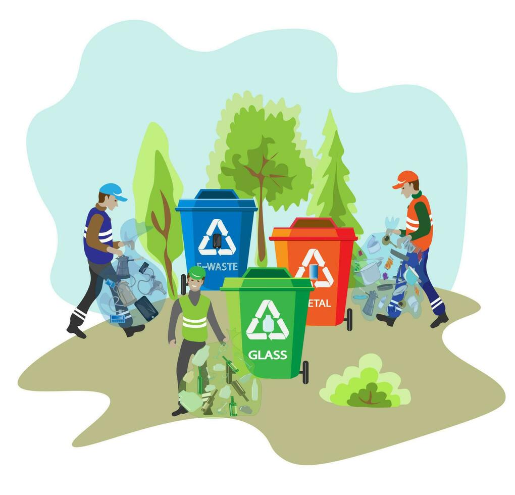 Eco friendly people garbage collector.Man with waste.People sort garbage by type into containers for recycling. Ecology concept. Flat vector illustration. Care garbage separation people sorting.