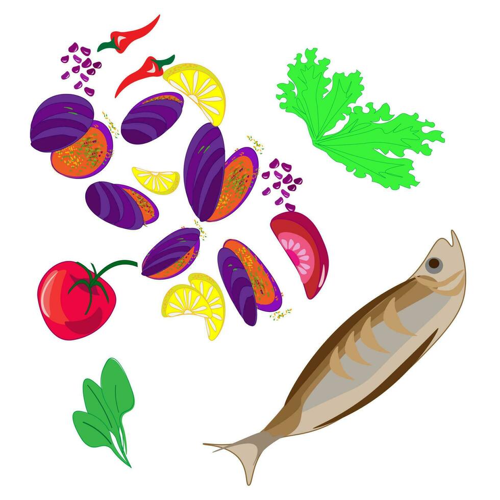 nacional cocina horneando menú platos desde vegetales y pescado restaurante cocina. un conjunto menú de delicioso platos de tradicional o nacional cocina en un plano dibujos animados dibujado a mano ilustración modelo. vector