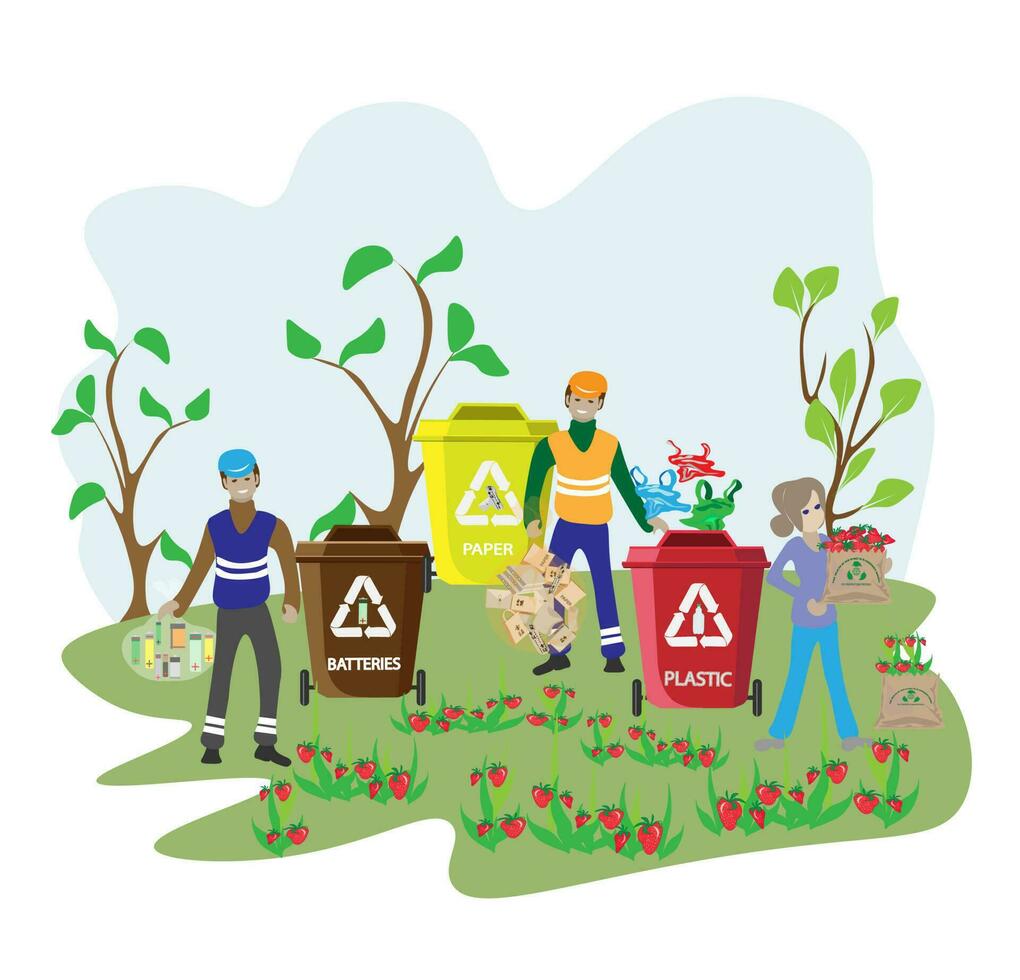 Eco friendly people garbage collector.Man with waste.People sort garbage by type into containers for recycling. Ecology concept. Flat vector illustration. Care garbage separation people sorting.