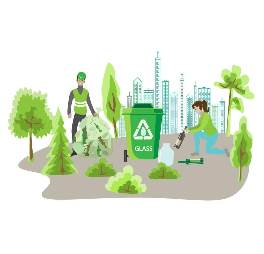 eco simpático personas basura coleccionista.hombre con basura.personas ordenar basura por tipo dentro contenedores para reciclaje. ecología concepto. plano vector ilustración. cuidado basura separación personas clasificación.