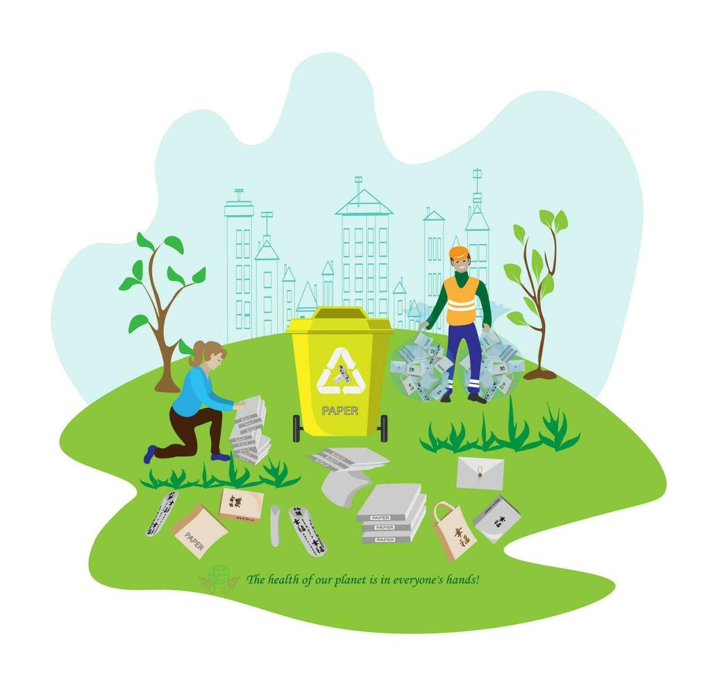 Eco friendly people garbage collector.Man with waste.People sort garbage by type into containers for recycling. Ecology concept. Flat vector illustration. Care garbage separation people sorting.