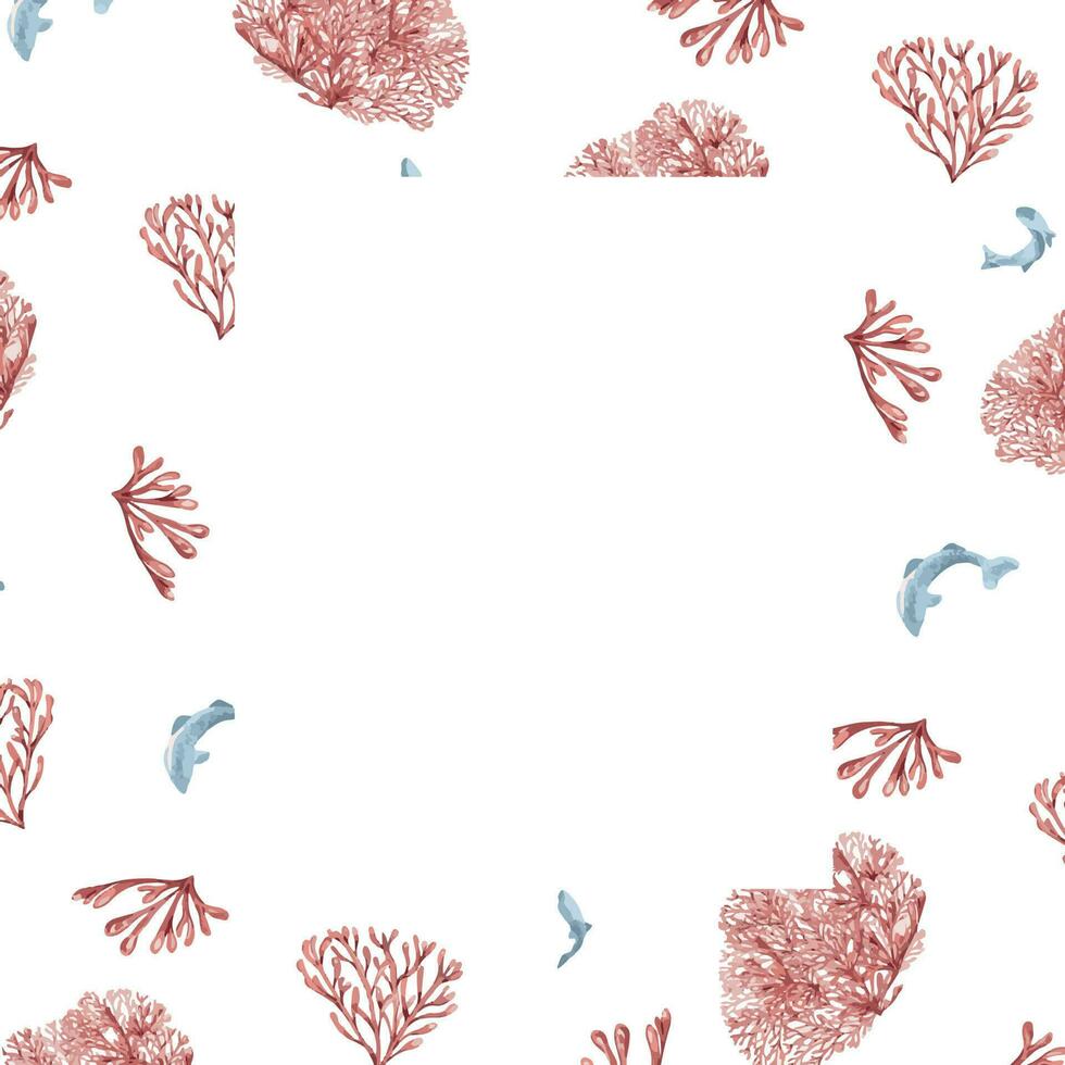 Frame of sea plants, coral watercolor isolated on white background. Pink agar agar seaweed and fish hand drawn. Design element for package, invitation, label, board, wrapping, marine collection vector