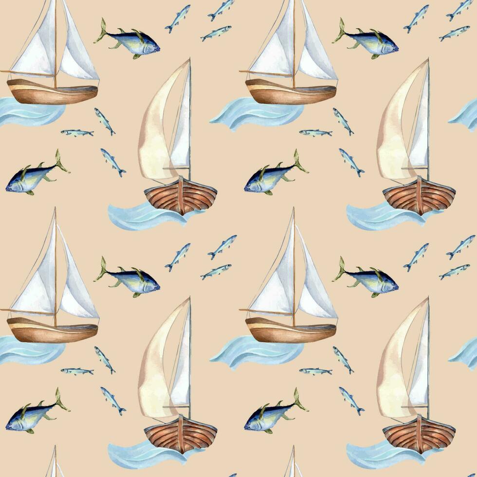 Seamless pattern of sailing ship vintage style watercolor illustration isolated on pink. Sailboat, vessel on waves, tune, fish hand drawn. Childish design element, wallpaper, printed products vector