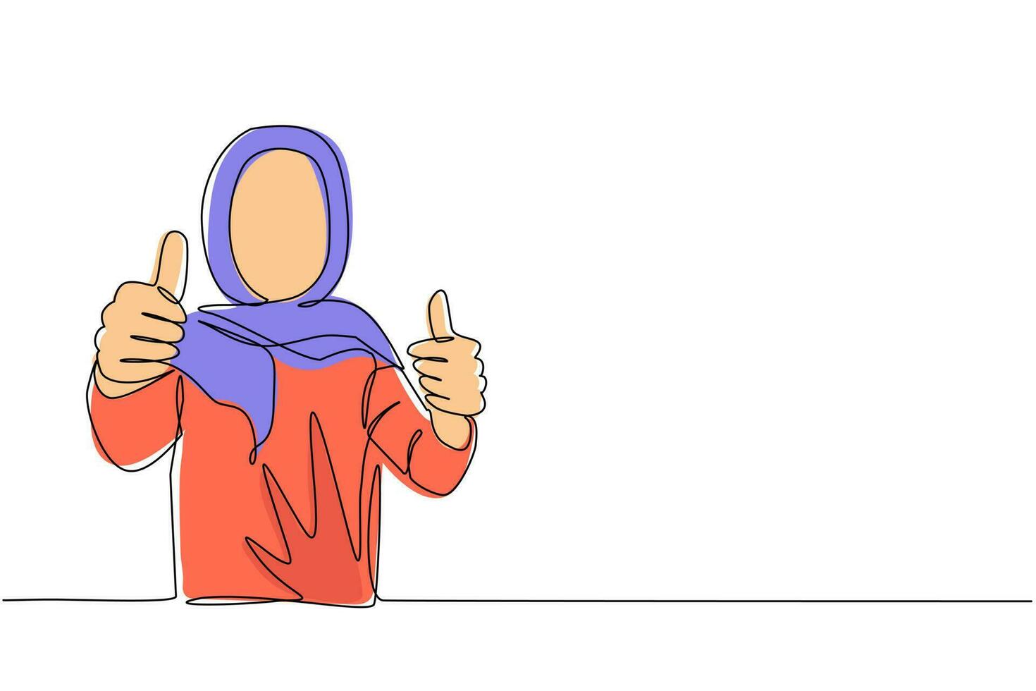 Single one line drawing confident Arab businesswoman thumbs up. Excited female dressed in hijab showing thumbs up sign. Deal, like, agree, approve, accept. Continuous line draw design graphic vector