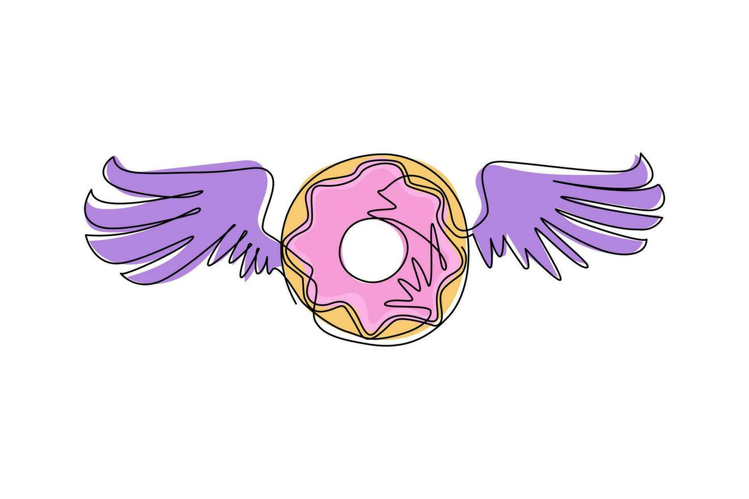 Single continuous line drawing seamless isolated kawaii pattern donut with wings. Pastel child print on fabric, wrapping paper, textile, wallpaper. One line draw graphic design vector illustration